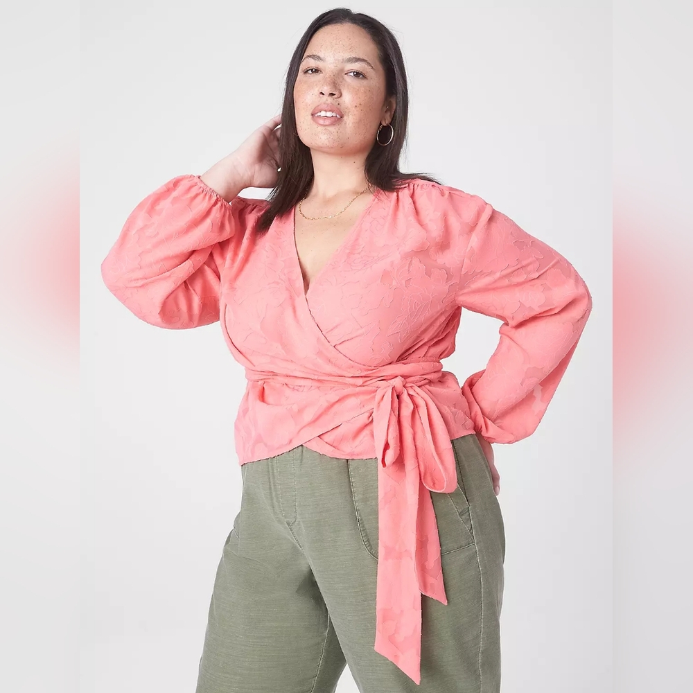 Lane Bryant Sheer Wrap Blouse Coral Long Sleeve Crop Top Womens 14 NWT